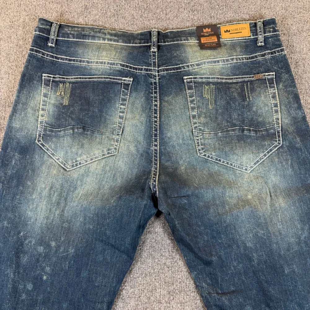 Noblezen Collection Mens Slim Straight Jeans Blue Distressed‎ W40 L32 NEW